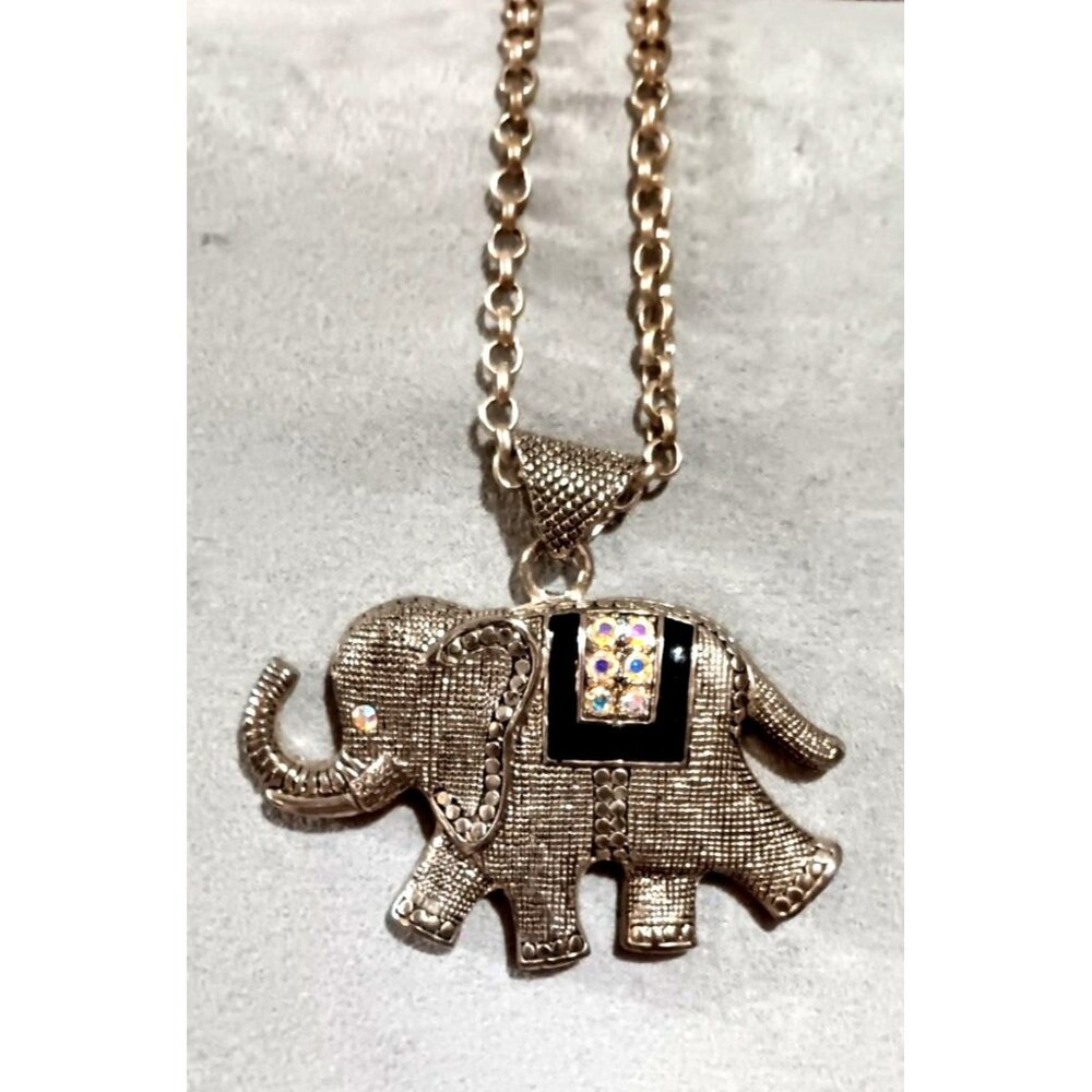 Silver-Tone Elephant Pendant Necklace With Rhinestones & Black Enamel Detailing